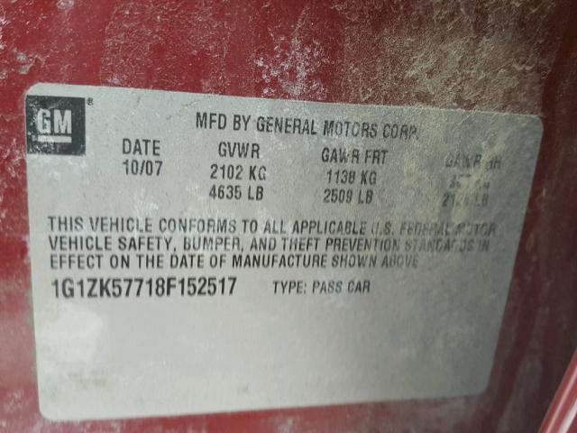 1G1ZK57718F152517 - 2008 CHEVROLET MALIBU LTZ MAROON photo 10