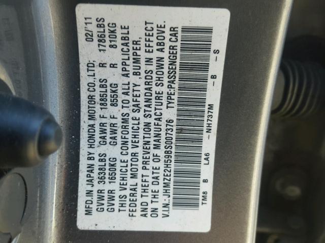 JHMZE2H59BS007376 - 2011 HONDA INSIGHT LX SILVER photo 10