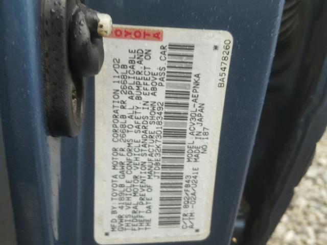 JTDBE32K730183492 - 2003 TOYOTA CAMRY LE BLUE photo 10