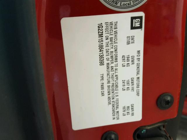 1G2ZM151864136398 - 2006 PONTIAC G6 GTP RED photo 10