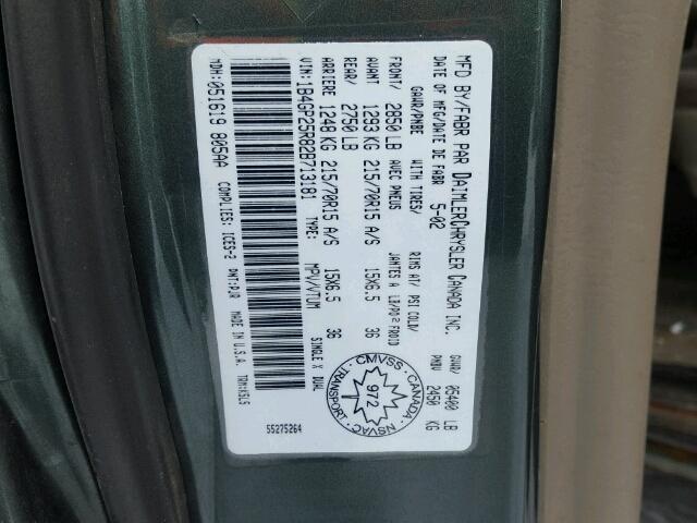 1B4GP25R82B713181 - 2002 DODGE CARAVAN SE GREEN photo 10