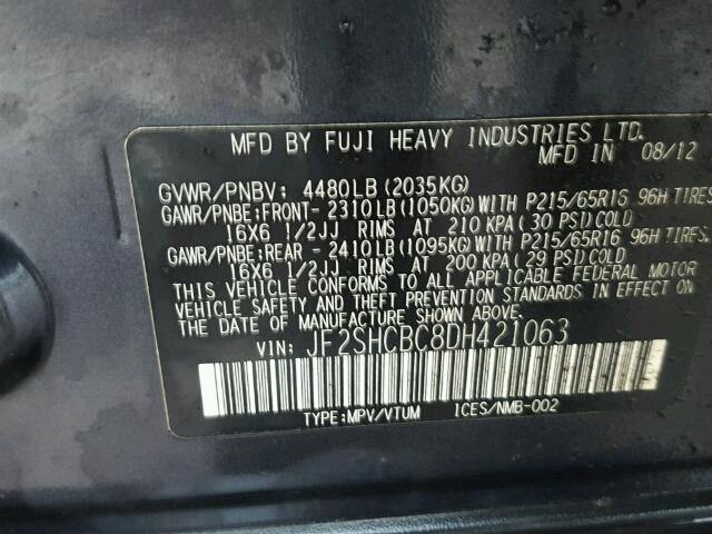 JF2SHCBC8DH421063 - 2013 SUBARU FORESTER 2 GRAY photo 10