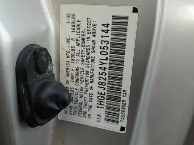 1HGEJ8254YL053144 - 2000 HONDA CIVIC EX SILVER photo 10