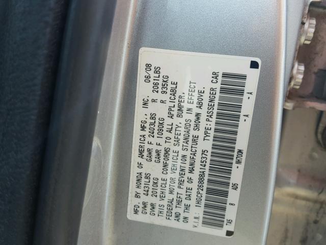 1HGCP26888A145375 - 2008 HONDA ACCORD EXL SILVER photo 10