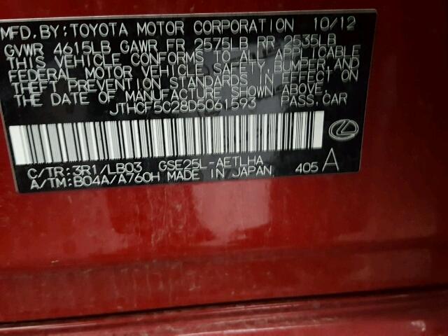 JTHCF5C28D5061593 - 2013 LEXUS IS 250 RED photo 10