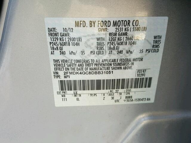 2FMDK4GC8DBB31051 - 2013 FORD EDGE SE GRAY photo 10