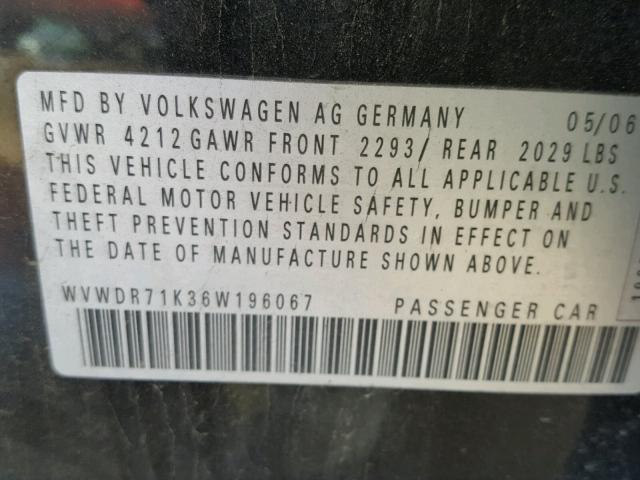 WVWDR71K36W196067 - 2006 VOLKSWAGEN RABBIT BLACK photo 10