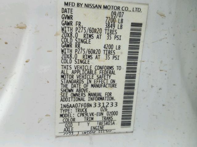 1N6AA07F08N331233 - 2008 NISSAN TITAN XE WHITE photo 10