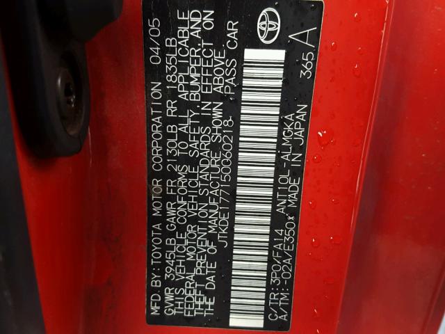 JTKDE177150060218 - 2005 TOYOTA SCION TC 红色 照片 10