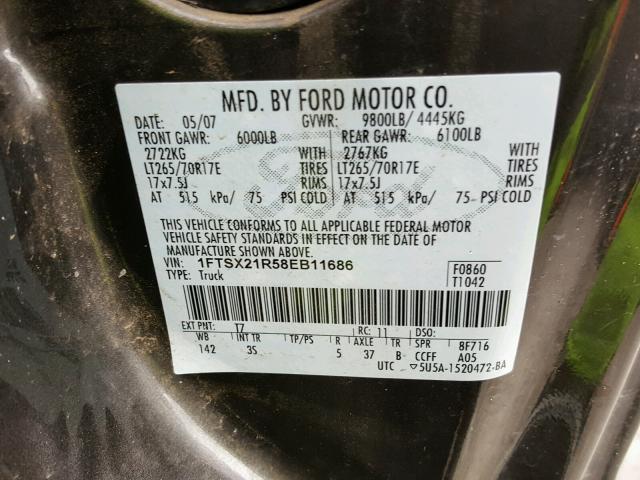 1FTSX21R58EB11686 - 2008 FORD F250 SUPER GRAY photo 10