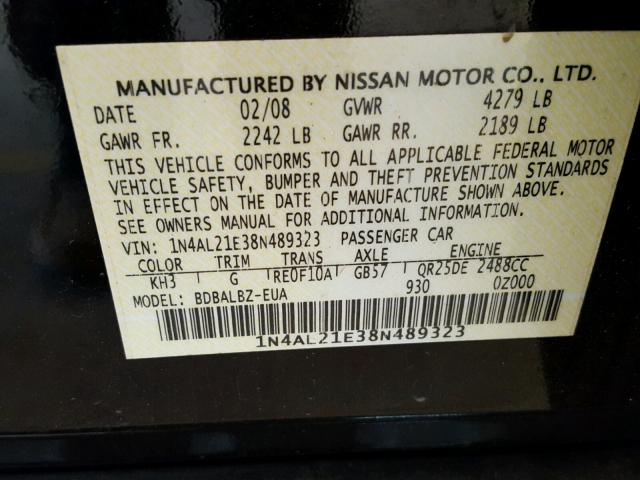 1N4AL21E38N489323 - 2008 NISSAN ALTIMA 2.5 BLACK photo 10