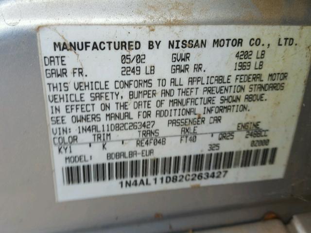 1N4AL11D82C263427 - 2002 NISSAN ALTIMA BAS GRAY photo 10