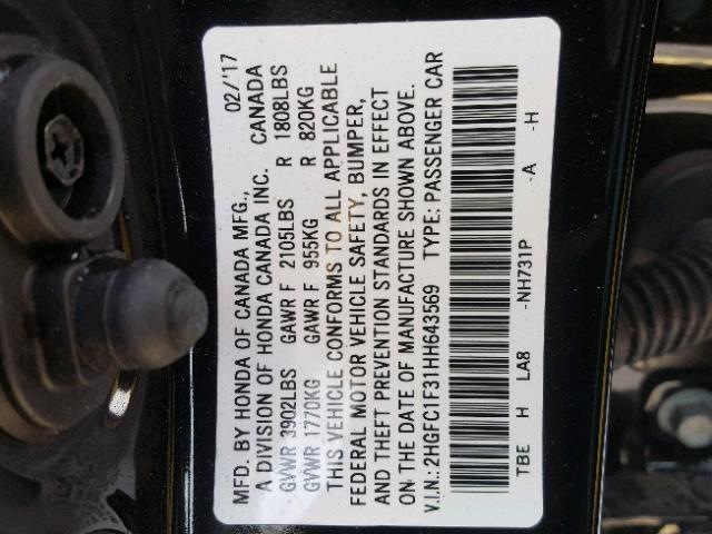 2HGFC1F31HH643569 - 2017 HONDA CIVIC EX BLACK photo 10