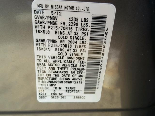 JN8AS5MT6CW612919 - 2012 NISSAN ROGUE S GRAY photo 10