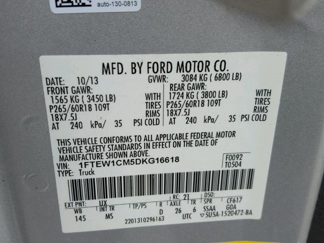 1FTEW1CM5DKG16618 - 2013 FORD F150 SUPER SILVER photo 10