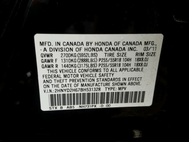 2HNYD2H67BH531328 - 2011 ACURA MDX TECHNO BLACK photo 10