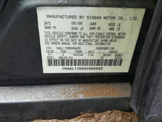 1N4AL11D65N494433 - 2005 NISSAN ALTIMA S CHARCOAL photo 10