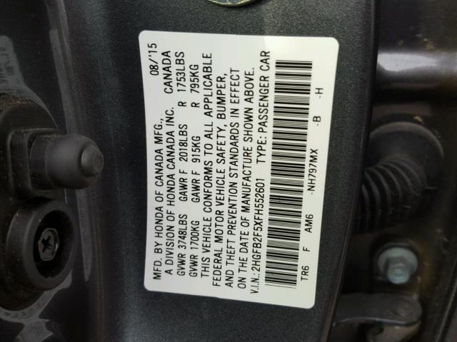 2HGFB2F5XFH552601 - 2015 HONDA CIVIC LX SILVER photo 10