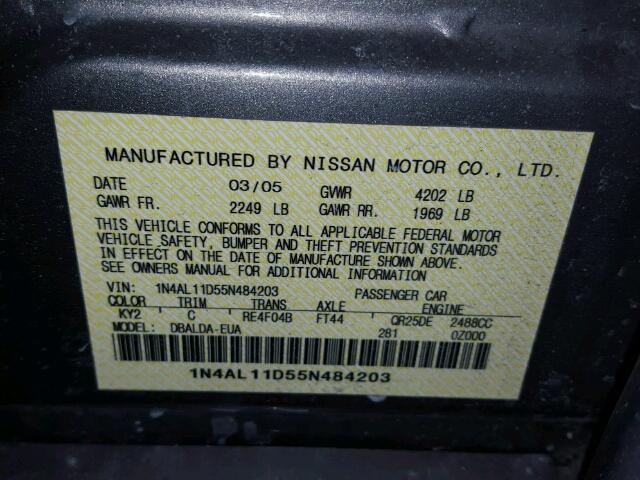 1N4AL11D55N484203 - 2005 NISSAN ALTIMA S 金色 照片 10