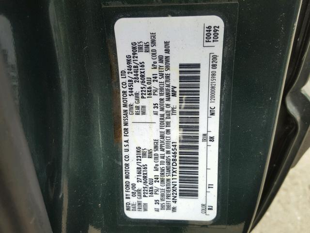 4N2XN11TXYD846541 - 2000 NISSAN QUEST SE GREEN photo 10