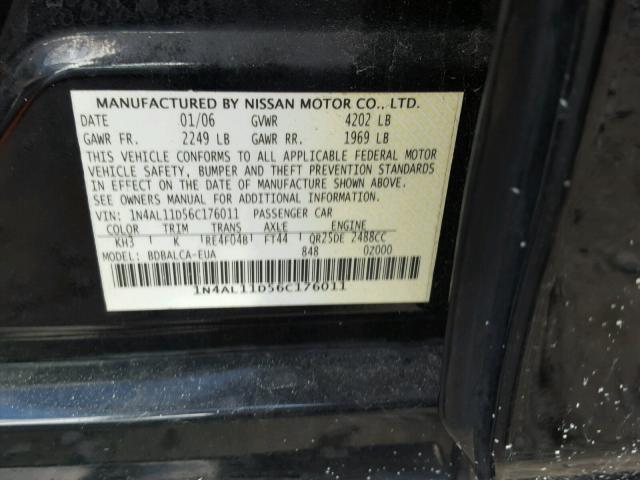 1N4AL11D56C176011 - 2006 NISSAN ALTIMA S BLACK photo 10