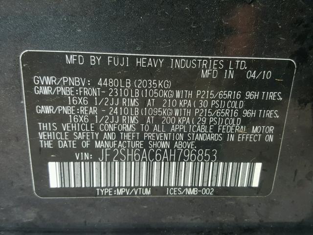 JF2SH6AC6AH796853 - 2010 SUBARU FORESTER 2 CHARCOAL photo 10