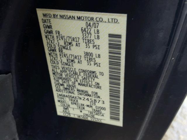 1N6BA06AX7N245873 - 2007 NISSAN TITAN XE BLUE photo 10