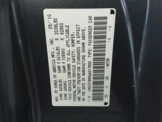 1HGCS1B89AA017800 - 2010 HONDA ACCORD EXL GRAY photo 10