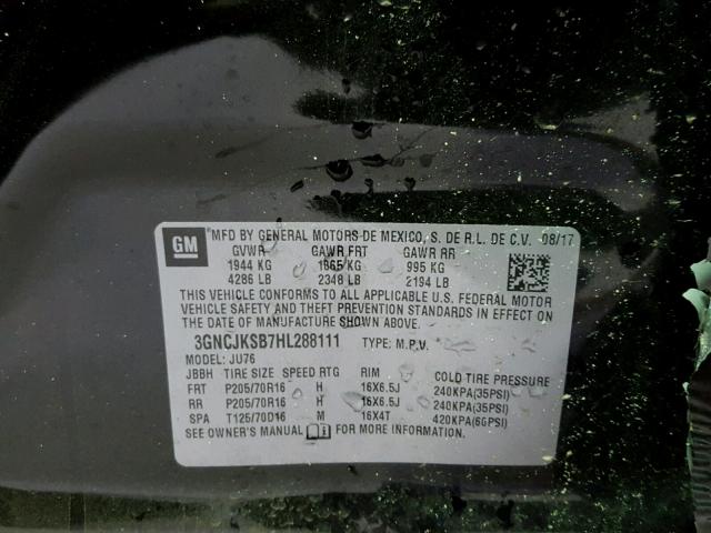 3GNCJKSB7HL288111 - 2017 CHEVROLET TRAX LS BLACK photo 10