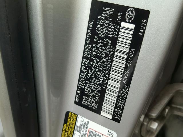 4T1BE30K05U413982 - 2005 TOYOTA CAMRY LE SILVER photo 10