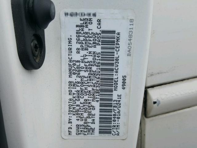 4T1BE32K63U186145 - 2003 TOYOTA CAMRY LE WHITE photo 10