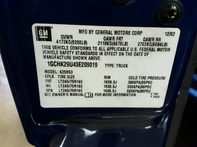 1GCHK29U43E209019 - 2003 CHEVROLET SILVERADO BLUE photo 10