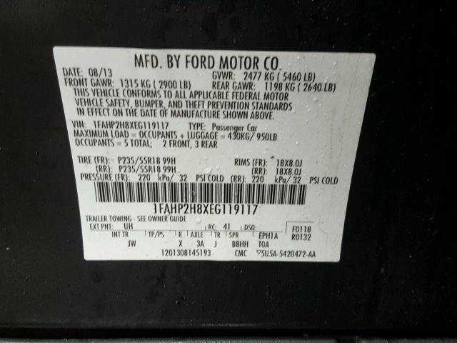 1FAHP2H8XEG119117 - 2014 FORD TAURUS SEL BLACK photo 10