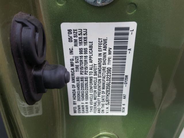 5J6YH28356L022390 - 2006 HONDA ELEMENT LX GREEN photo 10