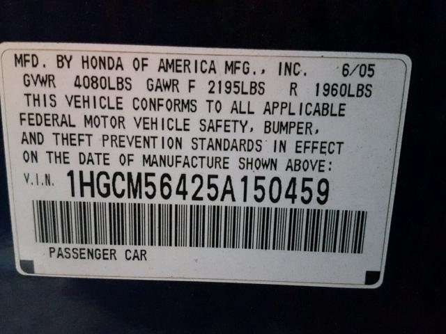 1HGCM56425A150459 - 2005 HONDA ACCORD LX BLUE photo 10