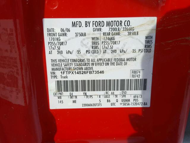 1FTPX14526FB73546 - 2006 FORD F150 RED photo 10