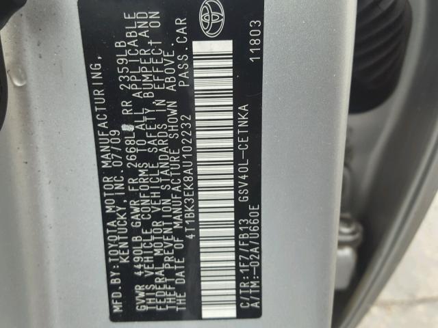 4T1BK3EK8AU102232 - 2010 TOYOTA CAMRY SE SILVER photo 10