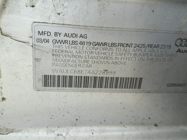 WAULC68E74A228999 - 2004 AUDI A4 1.8T QU GRAY photo 10