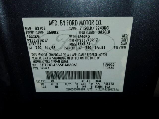 1FTPX14555FA86061 - 2005 FORD F150 BLUE photo 10