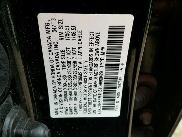 2HKRM4H51DH660429 - 2013 HONDA CR-V EX BLACK photo 10