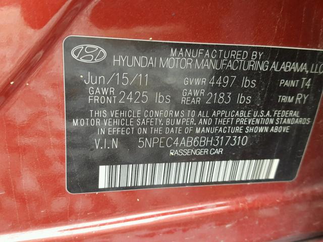 5NPEC4AB6BH317310 - 2011 HYUNDAI SONATA SE BURGUNDY photo 10