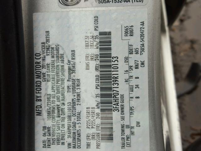 3FAHP07139R110153 - 2009 FORD FUSION SE SILVER photo 10