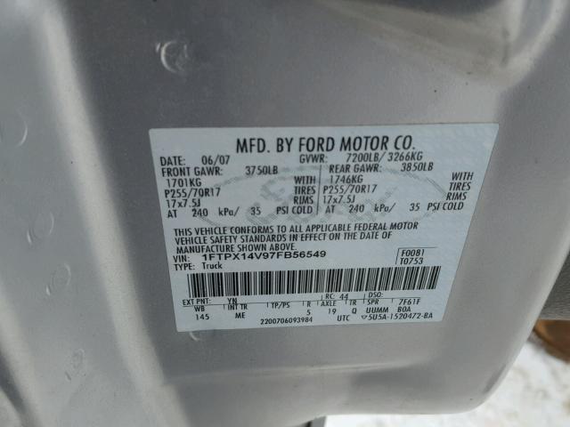 1FTPX14V97FB56549 - 2007 FORD F150 SILVER photo 10