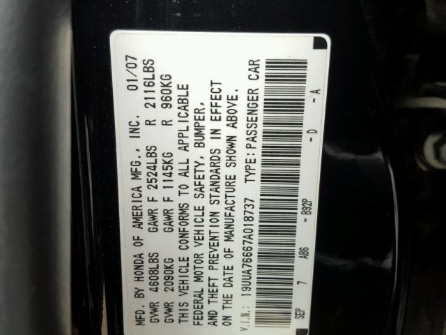 19UUA76667A018737 - 2007 ACURA TL TYPE S BLACK photo 10