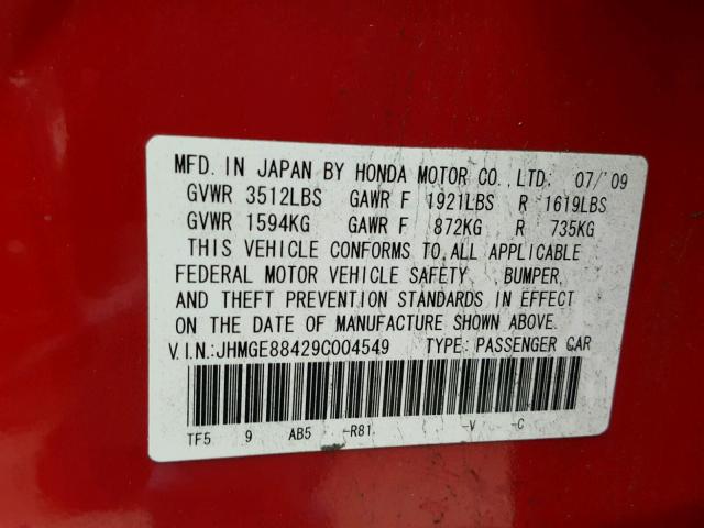 JHMGE88429C004549 - 2009 HONDA FIT SPORT RED photo 10