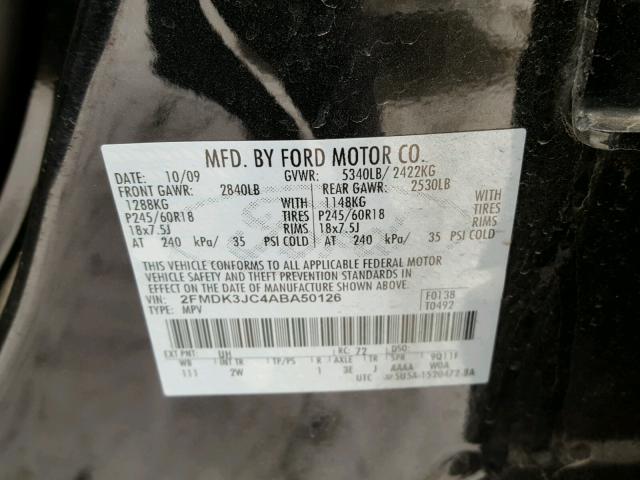 2FMDK3JC4ABA50126 - 2010 FORD EDGE SEL CHARCOAL photo 10