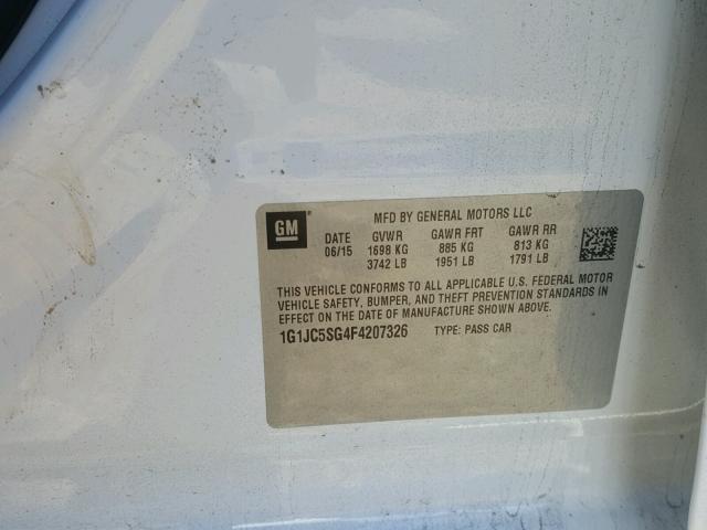 1G1JC5SG4F4207326 - 2015 CHEVROLET SONIC LT WHITE photo 10