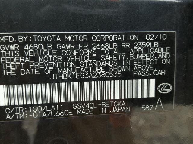 JTHBK1EG3A2380535 - 2010 LEXUS ES 350 BLACK photo 10