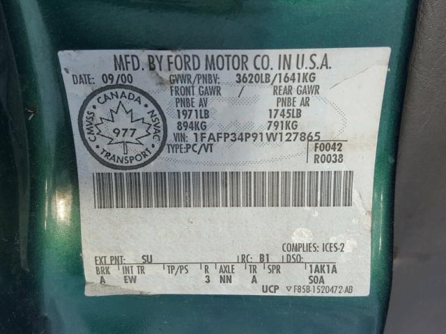 1FAFP34P91W127865 - 2001 FORD FOCUS SE GREEN photo 10