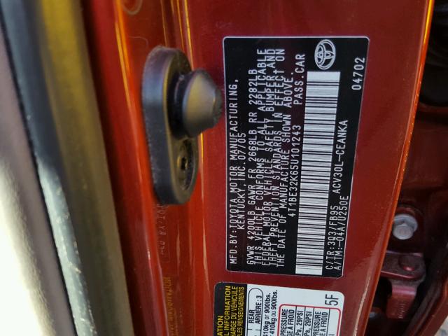 4T1BE32K65U101243 - 2005 TOYOTA CAMRY LE RED photo 10